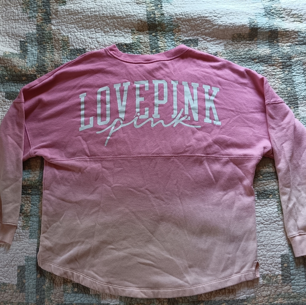Vs Vicrorias Secret Pink Varsity Crew Sweatshirt Top Peach Neon Dip Dye Size L